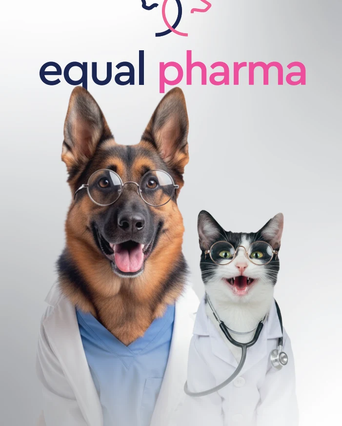 Portada del catálogo Equal Pharma, con perro y gato
